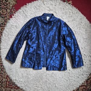 Chico's Blazer Jacket Open Front Black Blue Shiny Y2K Style Chic Size 2 Large L